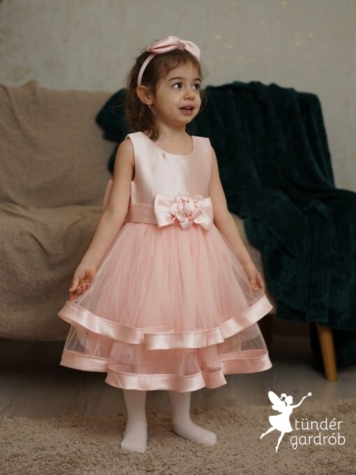 Rózsaszín tüll elegáns kislány alkalmi ruha levehető masnival, hajpánttal-LORA II.